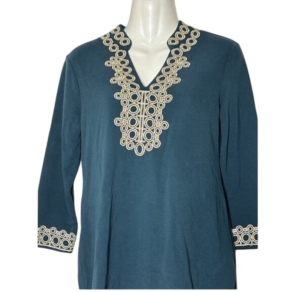 Charter Club Womens Teal Green Gold Embroidered Ottoman Rib Tunic Top XS NEW
